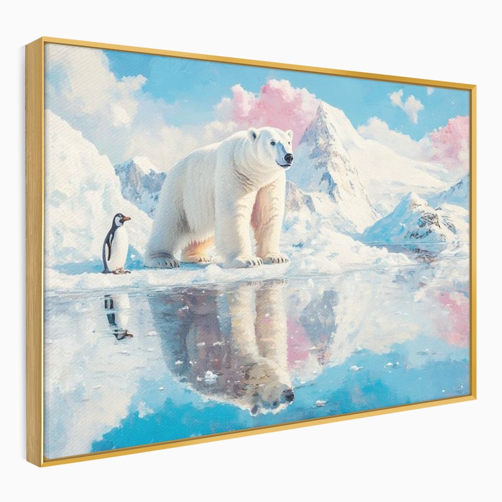 Tablou canvas cu tablou cu urs polar si pinguin pe ghetar, in rama de aluminiu auriu